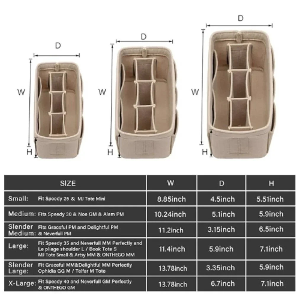 Womens Size Small Purse Organizer Insert, Felt Bag Organizer for Handbag Beige - Picture 3 of 9